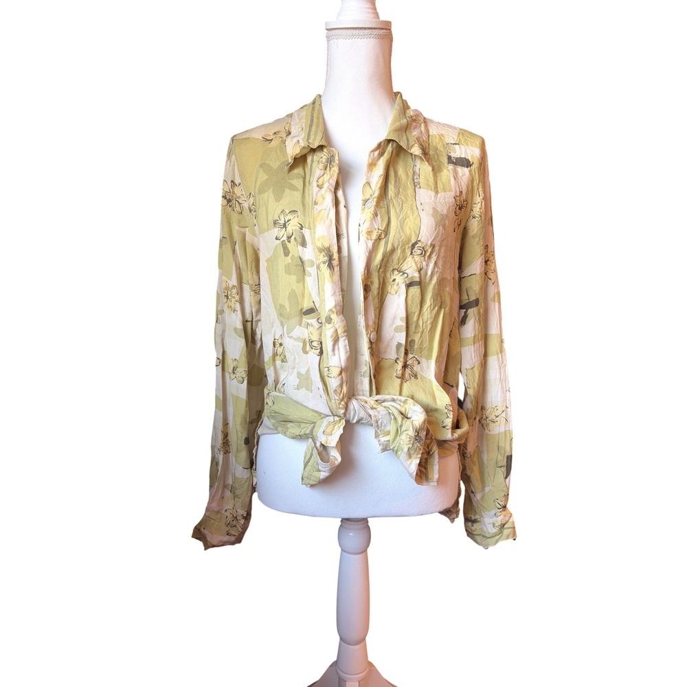 Vintage Silk Collection 100% Silk Floral Button Down Green Yellow‎ Tropical